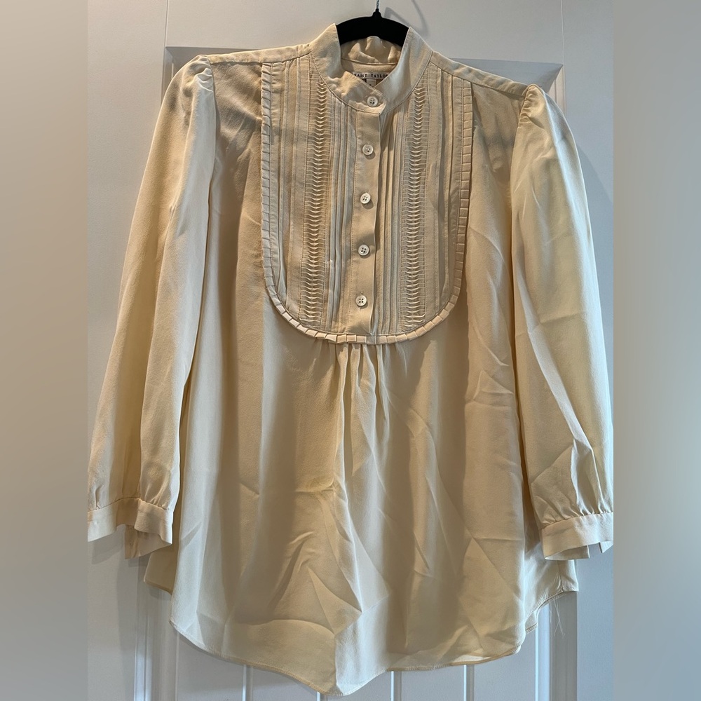 Ivory silk blouse with bib detail and buttons. Size Petite